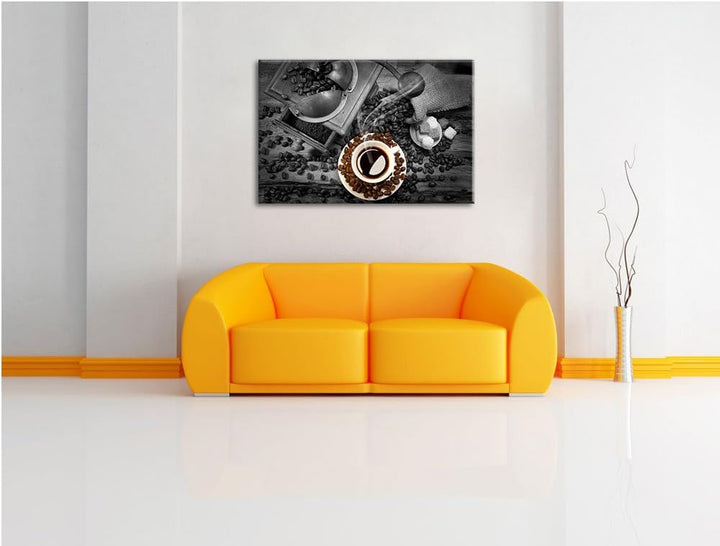 brühwarmer Kaffee mit Kaffeebohnen schwarz/weiss Format: 100x70 auf Leinwand, XXL riesige Bilder fer