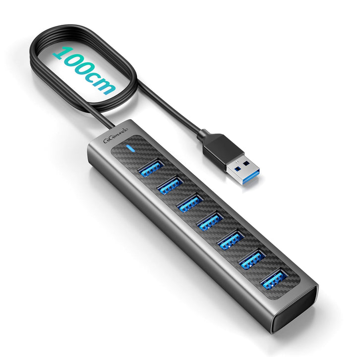 GiGimundo GM7U 7 Port USB HUB 3.0 Aluminium, 1M Lang Kabel mit 5V/3A Type-C Stromeingangsanschluss,