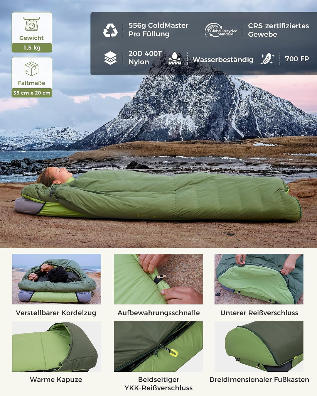 ATEPA Ultraleichter Daunenschlafsack 650/700FP, 3-Jahreszeiten (12°C / 6°C / -1°C), Leicht & Kompakt
