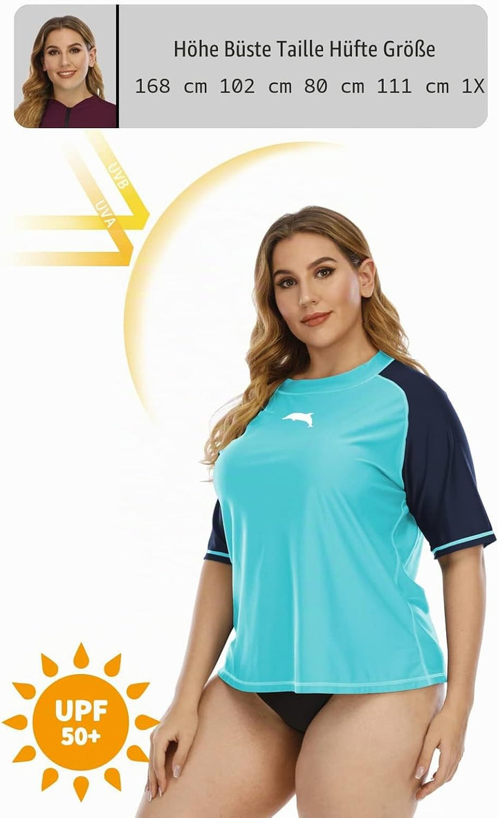 Halcurt UV Shirt Damen Übergrösse Rash Guard Kurzarm UPF 50+ Badeshirt UV Schutz Schwimmshirt Schnel