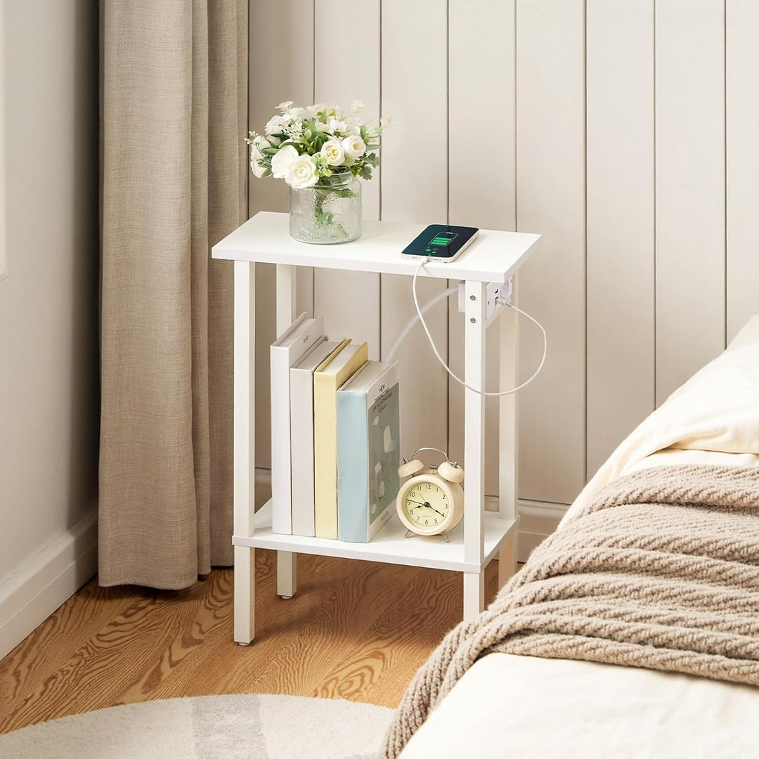 HOOBRO Schmaler Beistelltisch mit 2 Ebenen, Sofatisch mit Ladestation, Nachttisch mit Ablage, Coucht