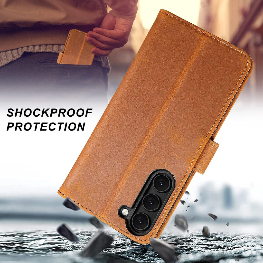 LENSUN Echtleder Hülle für Samsung Galaxy S23 Plus, Handyhülle [Echtes Leder] [Magnetverschluss] [RF