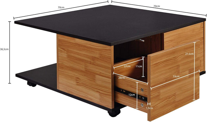 KADIMA DESIGN Couchtisch RAPIDO: 70x70x36,5 cm, 2 Schubladen, Rollen, Melaminharzbeschichtung, Weiss