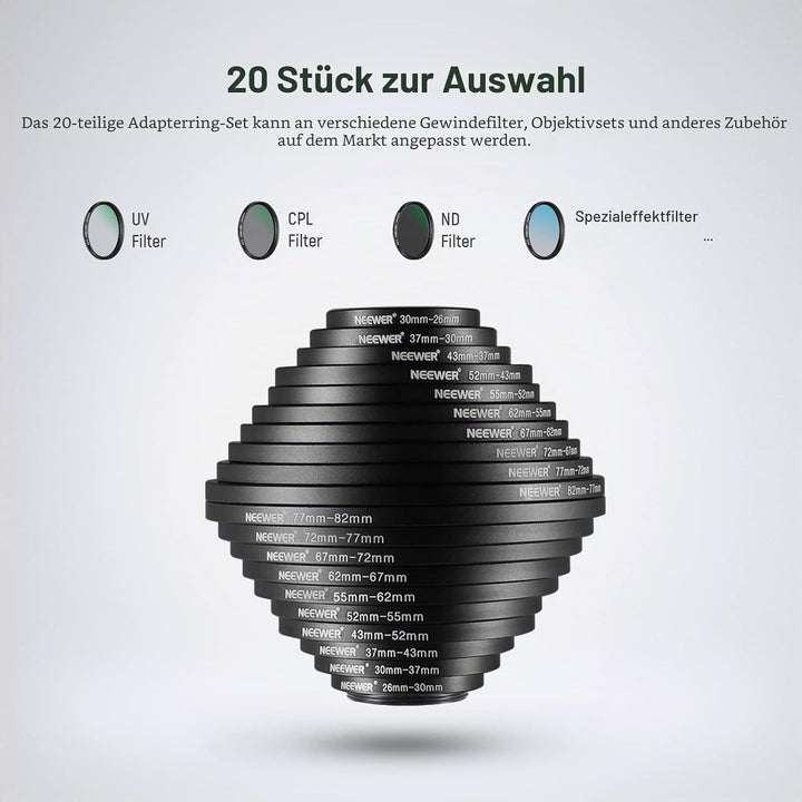 NEEWER 20 Stück Schwarz eloxiertes Metallobjektiv Filter Adapter Ring Kit einschliesslich 10 Stück S