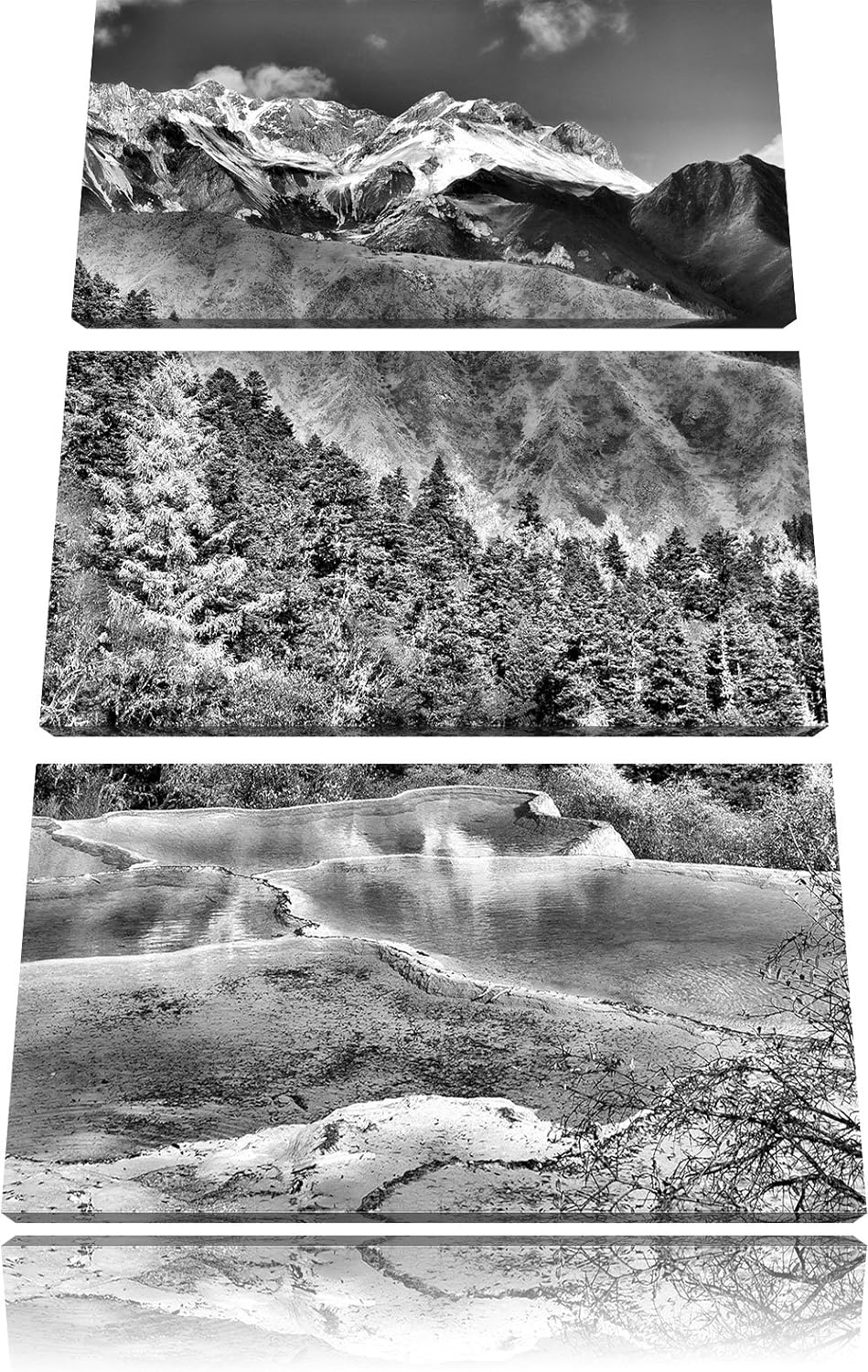 Pixxprint Monocrome, Kalksteinterrassen in Huang Long 3-Teiler Leinwandbild 120x80 Bild auf Leinwand