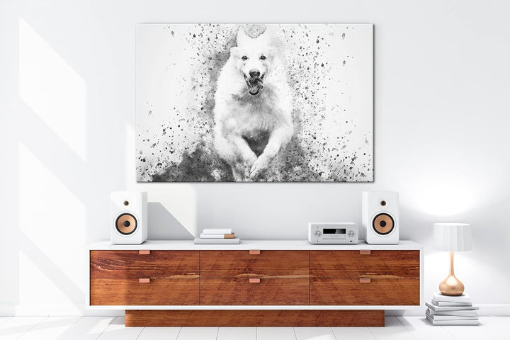 deyoli spielender Hund Format: 100x70 Effekt: Schwarz&Weiss als Leinwandbild, Motiv fertig gerahmt a