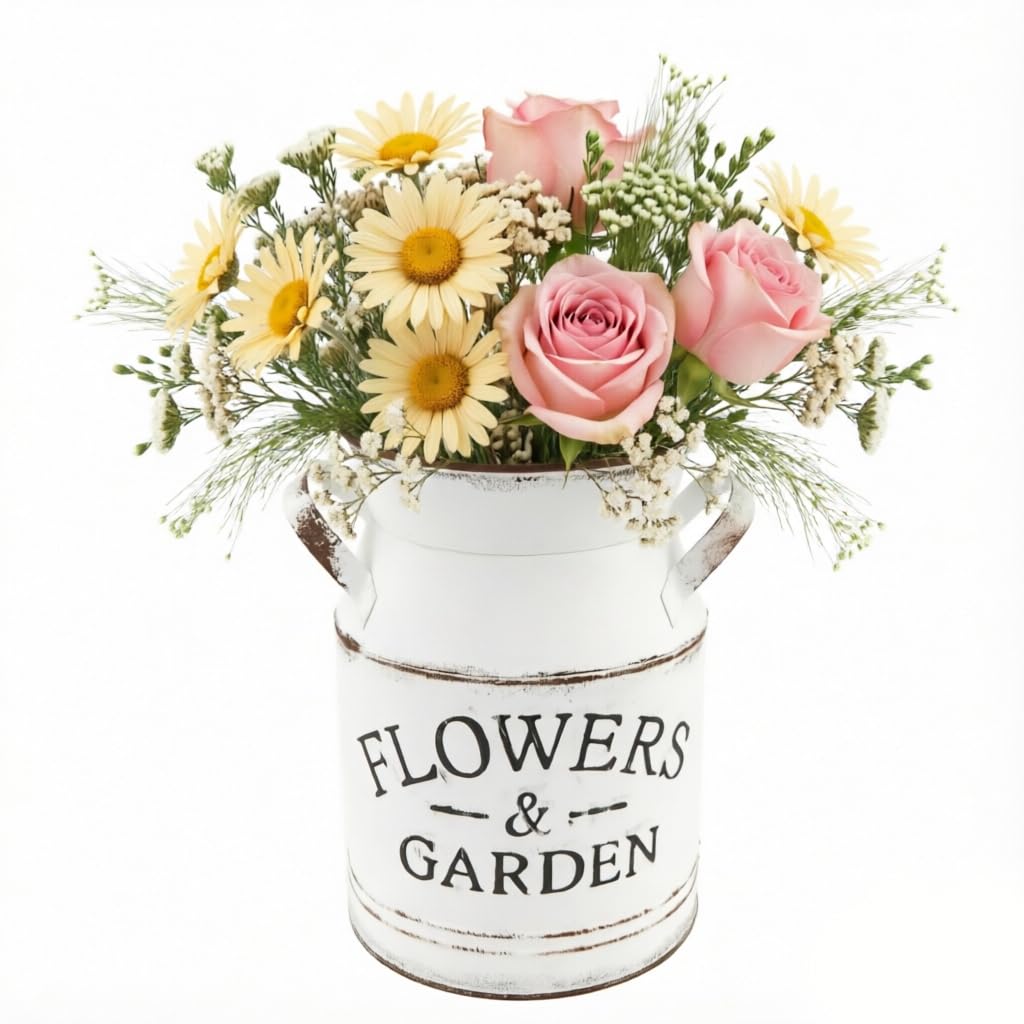 HEMOTON Shabby Blumentopf Deko Metall Krug Milchkanne Landhaus Stil Vase Pflanzentopf rustikal Vinta