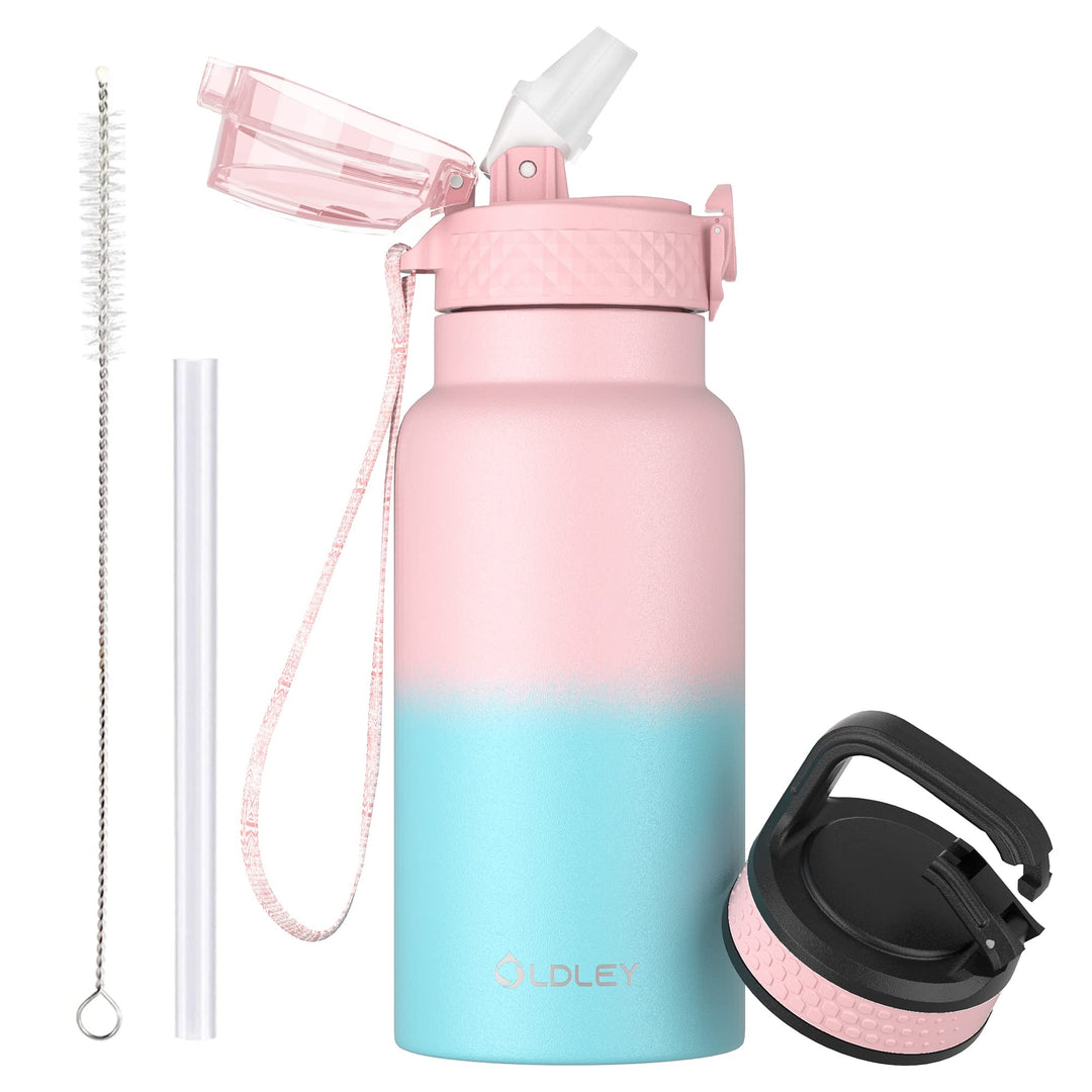 OLDLEY 500ml Kinder Edelstahl Wasserflasche mit Stroh für Schule mit 2 verschiedenen Deckeln, Metall