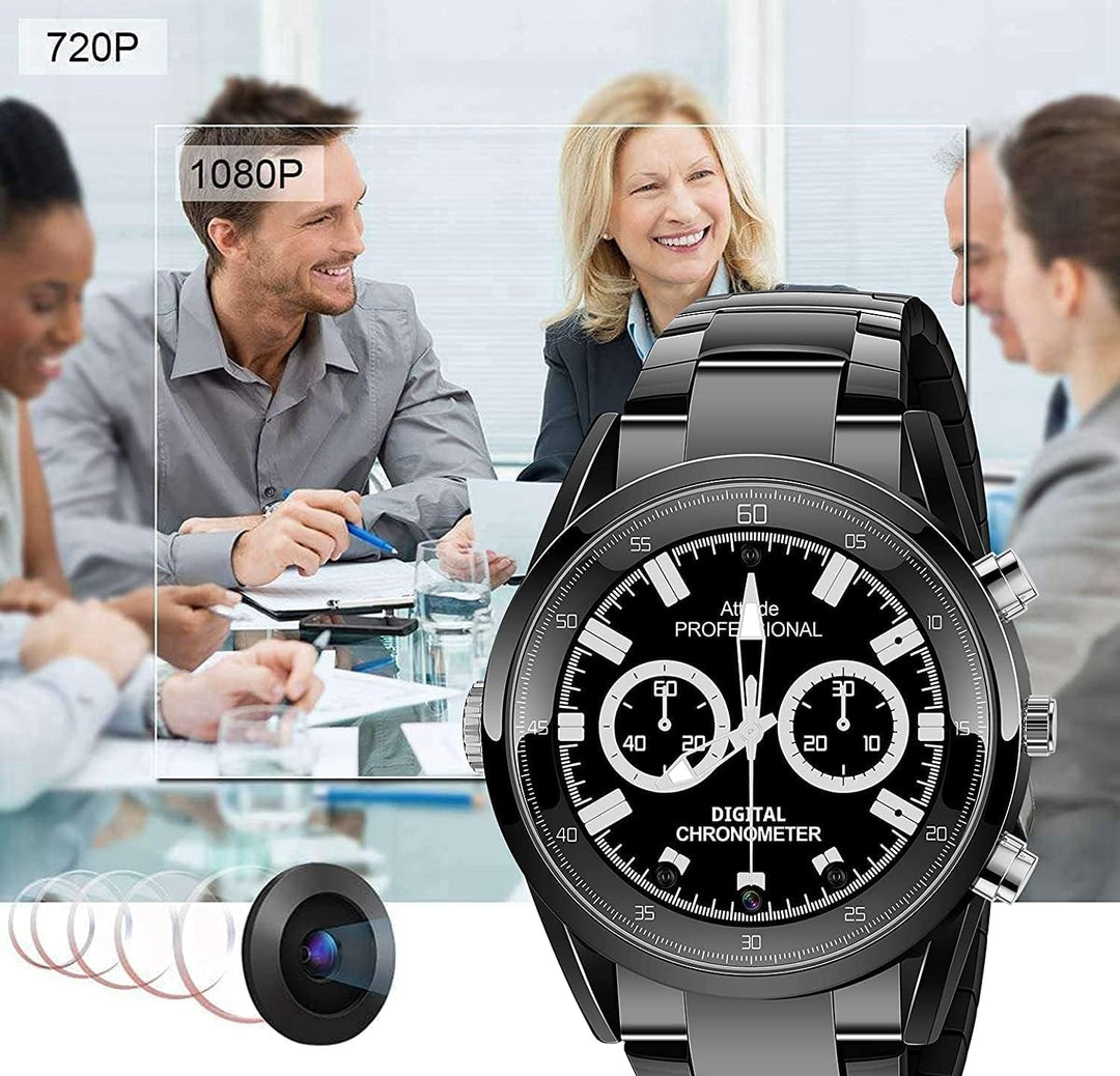 Menborn Kompaktkamera Spionagekamera Uhr Typ Infrarot Bewegungserkennung Kamera 32 GB Stahlarmband,