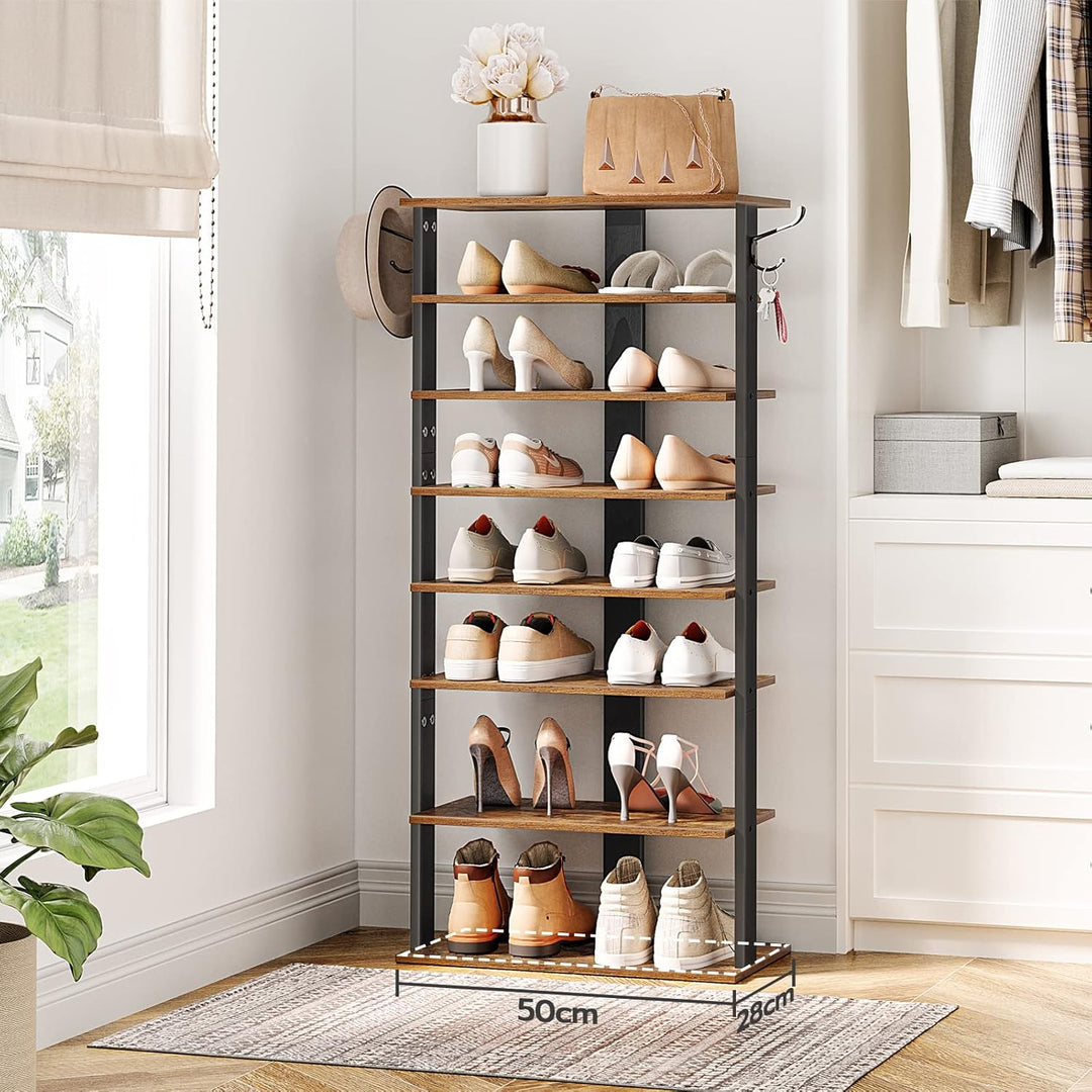 HOOBRO 8-lagiges Schuhregal, schmales Schuhablage, 50 cm Schuhschrank mit 2 Haken, Ablagegestelle, p