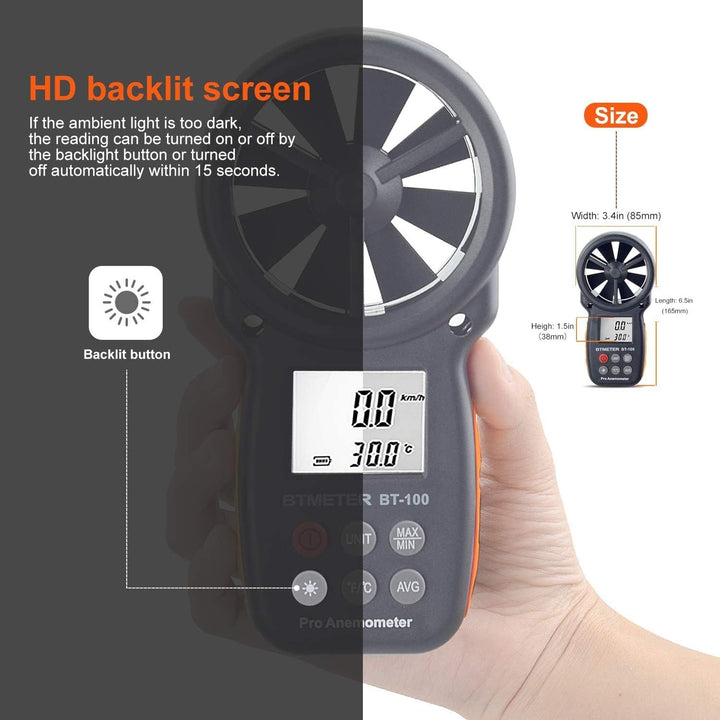 BTMETER BT-100 Digitaler Anemometer Handheld Windmesser Wind Speed Meter Gauge,Präzise Messung der W