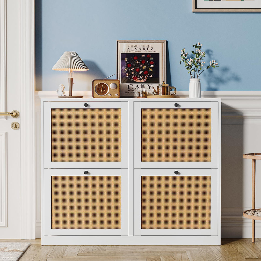 Rattan Schuhkipper mit 4 Klappen, Schuhkommode Flur Schmal, Natürliches Rattan Schuhschrank Schmal f