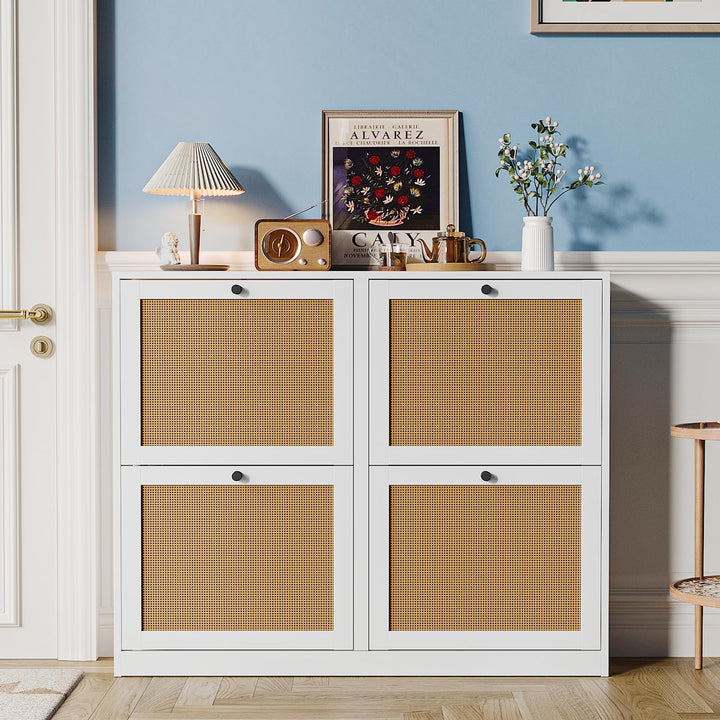 Rattan Schuhkipper mit 4 Klappen, Schuhkommode Flur Schmal, Natürliches Rattan Schuhschrank Schmal f