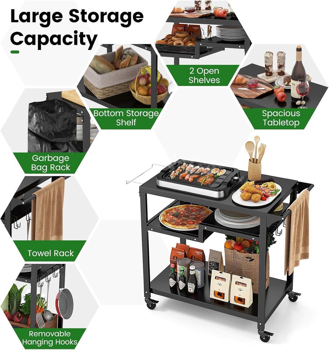 GOPLUS Grillwagen, Grilltisch Outdoor mit Griff, 4 Ablagen, Haken & Rollen, multifunktionaler Pizzat