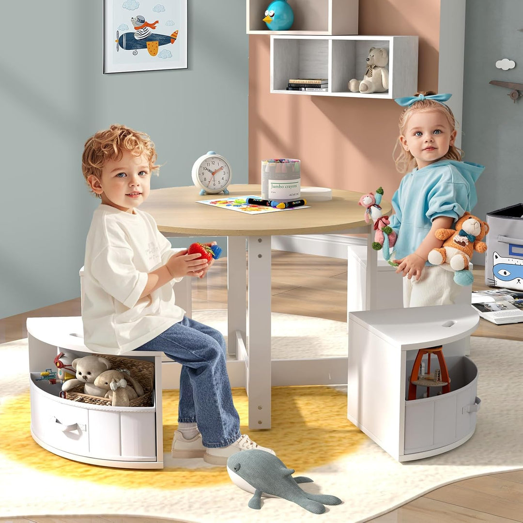 FANTASK Kindertisch mit 4 Stühlen, Kinder Tisch Stuhl Set inkl. Maltisch, 4 Stauraumhocker & 4 Stoff