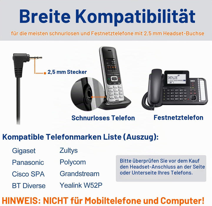 2,5mm Schnurlos Telefon Headset Mono mit Noise Cancelling Mikrofon, Quick Disconnect, WANTEK Festnet