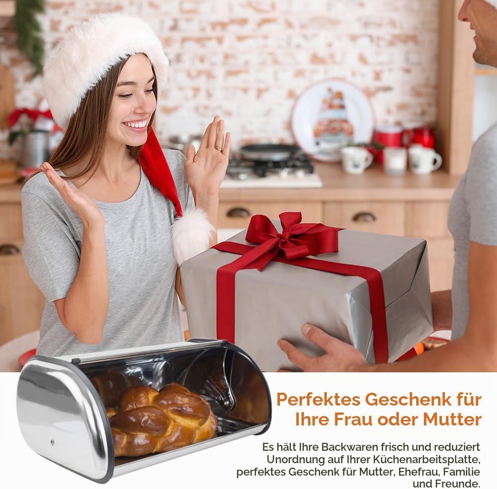 Brotkasten aus Edelstahl, Grosser Metall Brotbox mit Rolldeckel, Silber Brot Aufbewahrungsbox für Kü