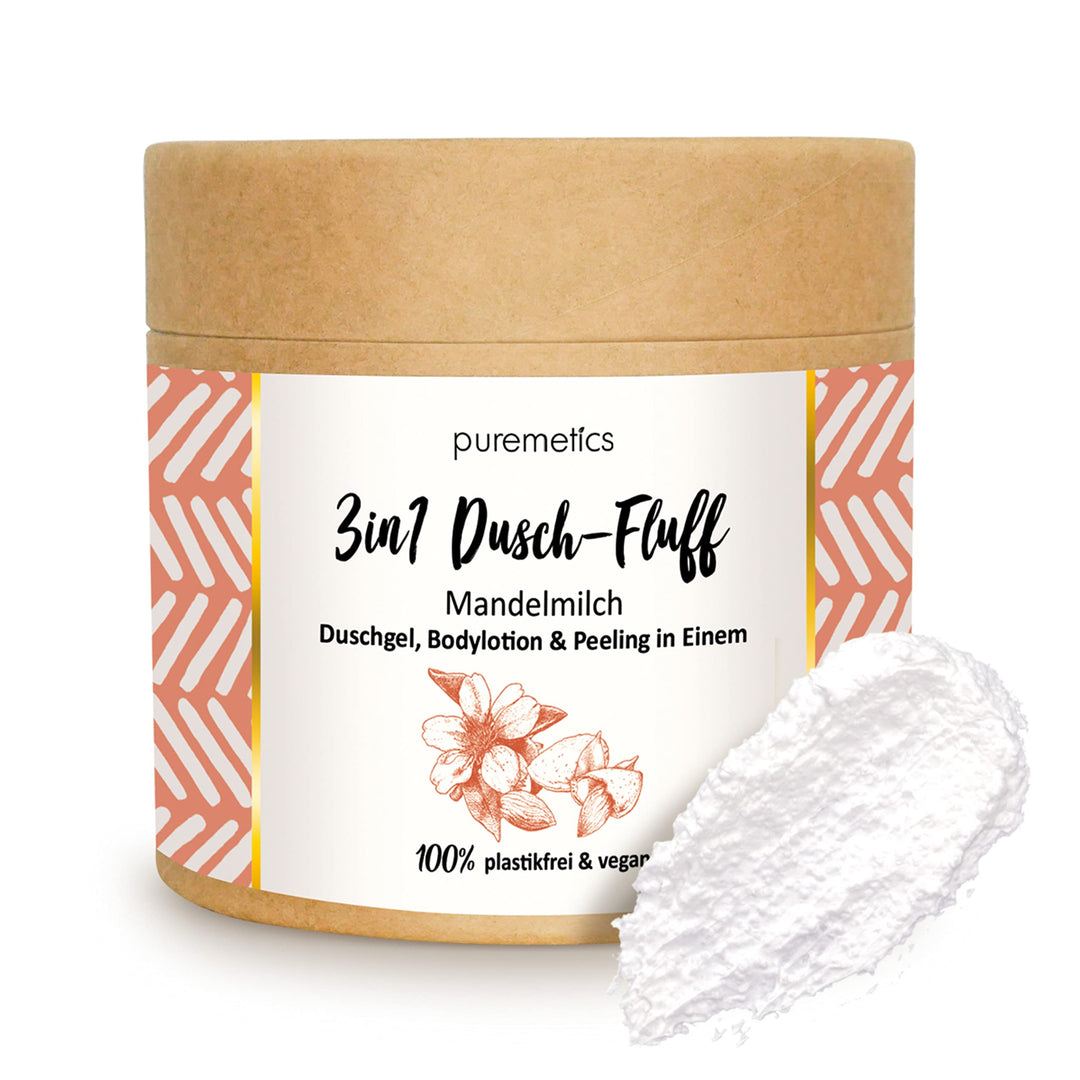 puremetics 3in1 Dusch-Fluff Mandelmilch mit Zuckerpeeling, 250g Duschgel, Peeling und Lotion in Eine