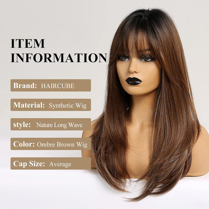 HAIRCUBE Lange Braune Perücken für Damen, Synthetische Perücken mit Pony Hitzebeständige Perücken Sc