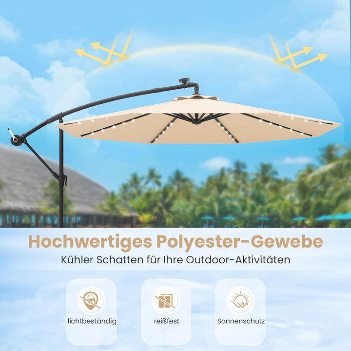 COSTWAY 300 cm Sonnenschirm mit Ständer und LED-Leuchten, Ampelschirm mit Kurbel, Gartenschirm, UV-S