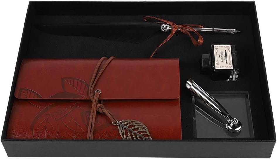 FVLFIL Retro Leder Notizbuch mit Feder Dip Pen, Retro Reisende Notebook Vintage Antik Füllfederhalte