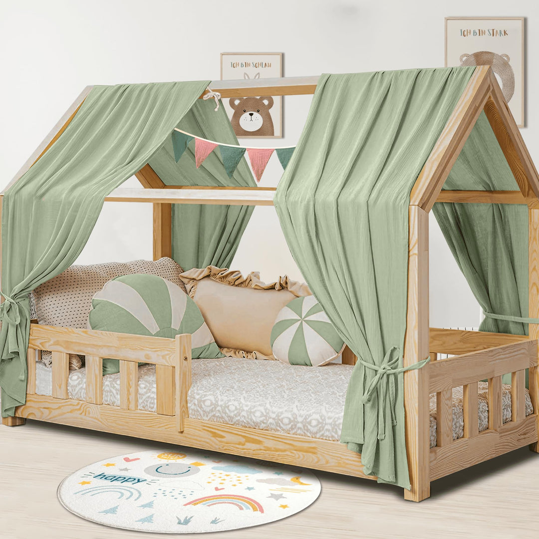 Hausbett Himmel Deko Set, Betthimmel Hausbett aus Musselin - 2 Betthimmel & 1 Wimpelkette, für Junge