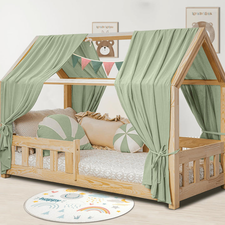 Hausbett Himmel Deko Set, Betthimmel Hausbett aus Musselin - 2 Betthimmel & 1 Wimpelkette, für Junge