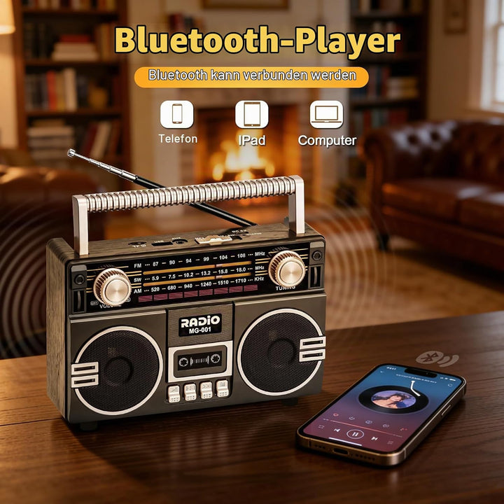 Tendak Retro Radio AM/FM/SW, Nostalgie Radio mit 1200mAh Akku, Kofferradio mit 6.0 Bluetooth, Küchen