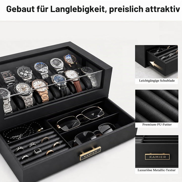 KAMIER Uhrenbox Herren mit 12 Fächern, Echtholz Uhrenkoffer 2 Ebenen, Uhrenkasten mit herausnehmbare