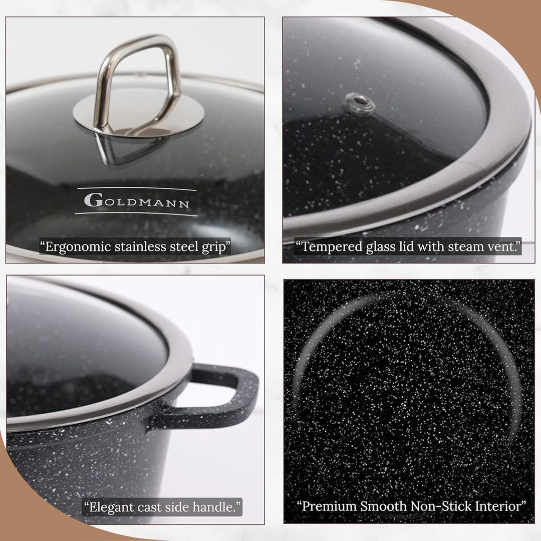 GOLDMANN Premium Gussaluminium Kochtopf 28 CM – 6.5L – Keramik-Marmor-Antihaft-Kasserolle mit Glasde