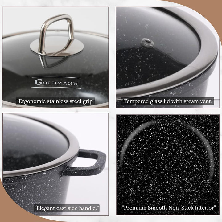 GOLDMANN Premium Gussaluminium Kochtopf 28 CM – 6.5L – Keramik-Marmor-Antihaft-Kasserolle mit Glasde