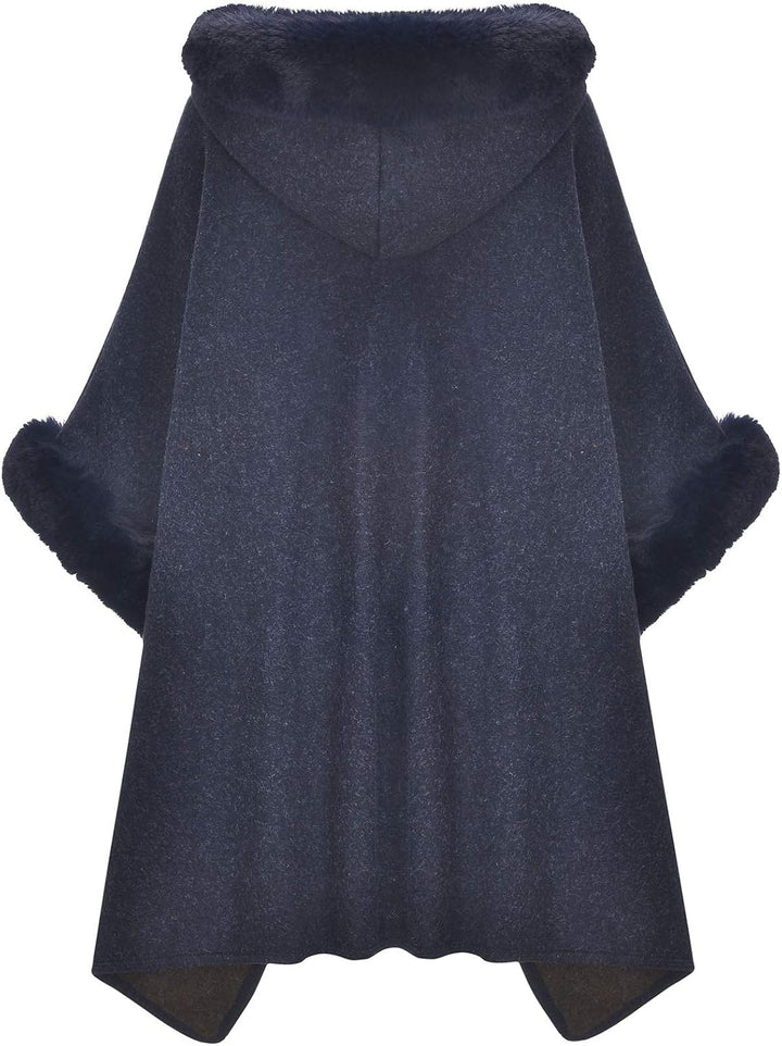 ZLYC Damen Winter Umhang Strickjacke Warm Kunstpelz Mäntel Poncho Cape mit Kapuze Einheitsgrösse Nav
