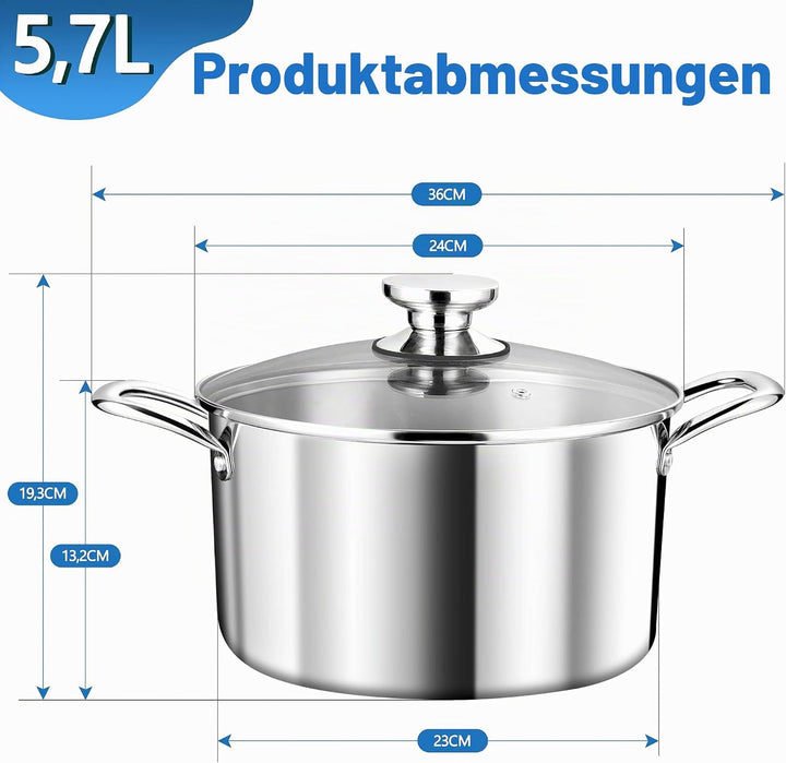 TEAMFAR Kochtopf Gross 24cm, 3-Lagen Edeastahl 5,7L Topf mit Glasdeckel für alle Herdarten, Suppento