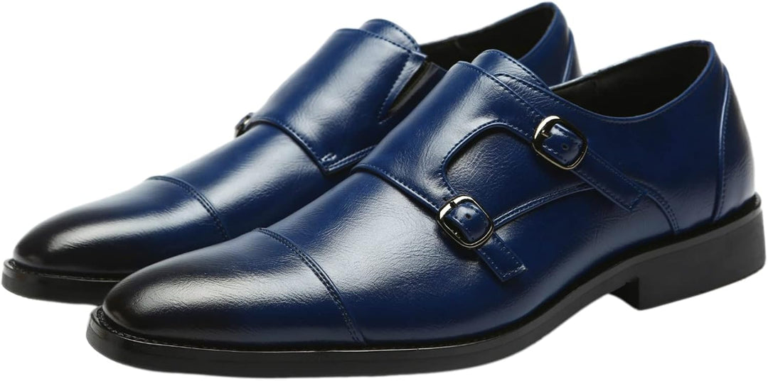 ANUFER Männer Smart Monk Brogues Formale Abendschuhe Aus Echtem Leder mit Holzabsatz 43 EU Navy Kuns