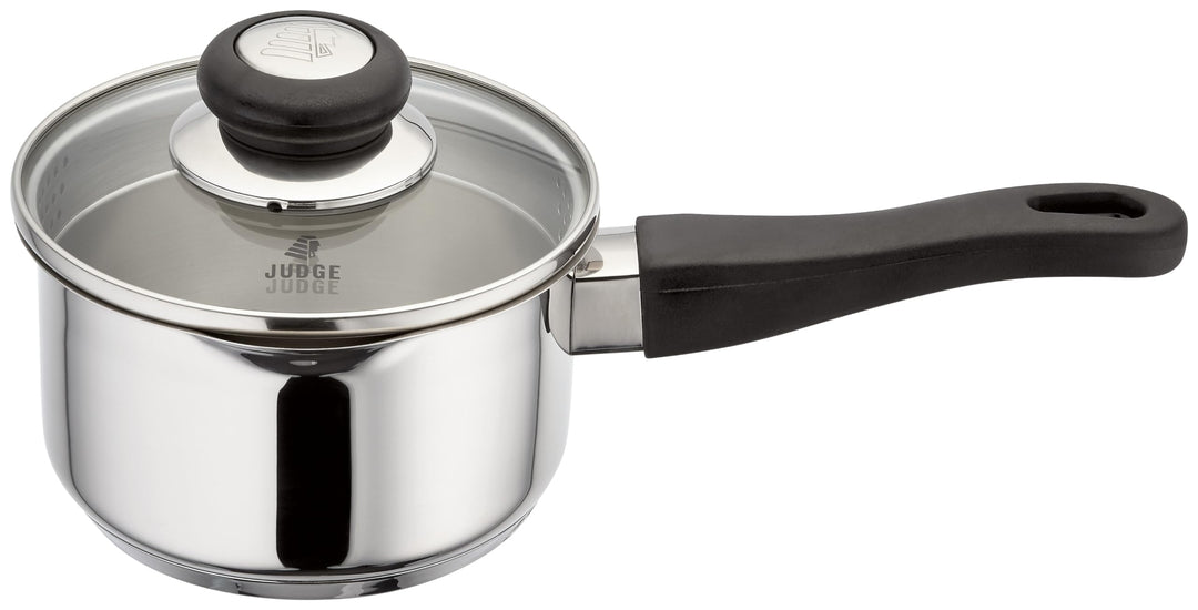 Judge Vista Mittelgrosser Kochtopf aus Edelstahl mit Abgiessrand, 14cm, 1L Bruchsicherer Siebdeckel