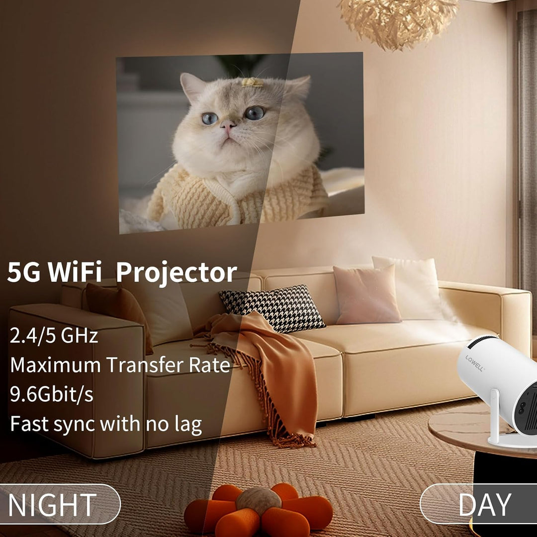 LQWELL® Beamer, Mini Projektor, unterstützt 5G WiFi, BT5.0 mit Android OS, Auto Trapezkorrektur, 220