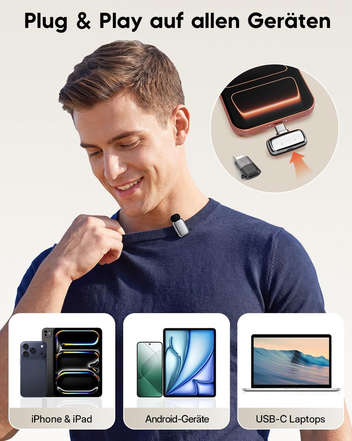 Kabelloses Mini-Mikrofon für Phone/Android/Pad 2er-Pack, Lavalier Ansteckmikrofon mit Lightning, USB