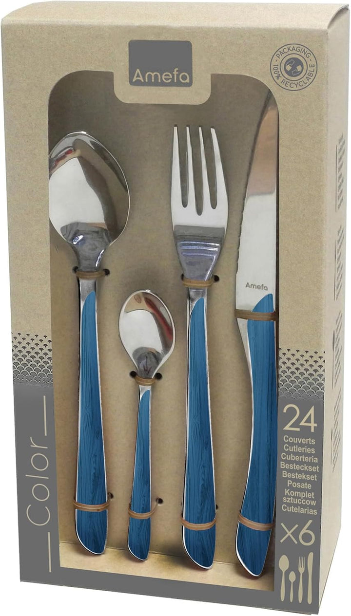 Amefa ECLAT Besteck Set | NATURE Blau Holz | Essbesteck 24-teilig für 6 Personen | Edelstahl rostfre