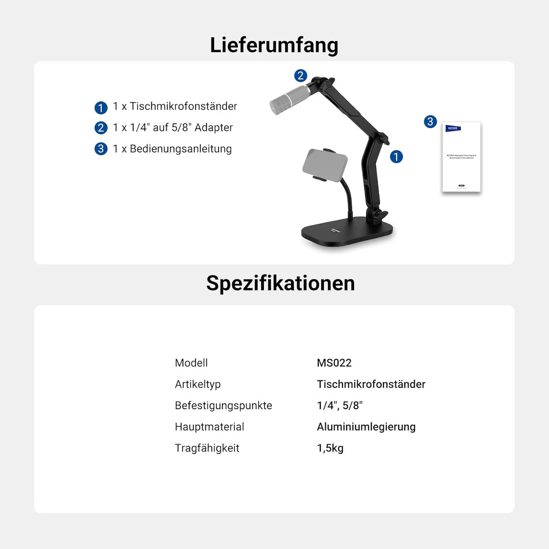 NEEWER Microphone Stand, Tisch Mikrofonständer mit Handyhalterung flexiblem Arm, verstellbare Mikrof