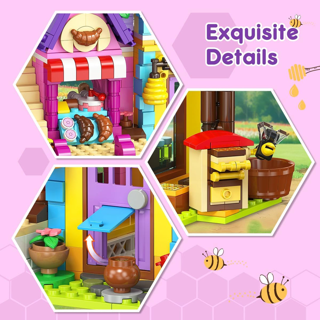HOGOKIDS Friends Mädchen Backset Bauspielzeug mit LED-Licht - 1084PCS Bienenhaus & Bäckerei Haus, Ro