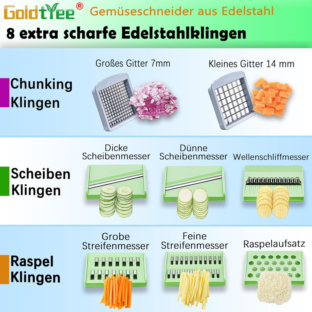 Gemüseschneider, Gemüsehobel mit 8 Klingen, Zwiebelschneider mit Behälter, Pro All-in-1 Lebensmittel