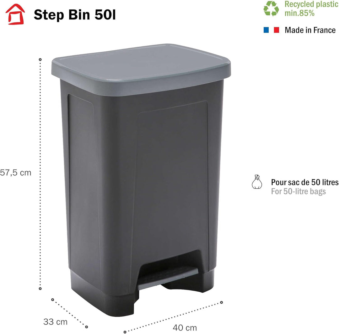 SUNDIS Step Bin, Mülleimer 50l mit Pedal und Deckel, aus recyceltem Kunststoff, rechteckig, schwarz