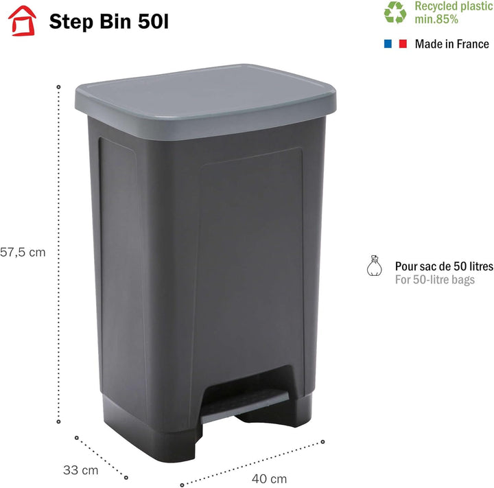 SUNDIS Step Bin, Mülleimer 50l mit Pedal und Deckel, aus recyceltem Kunststoff, rechteckig, schwarz