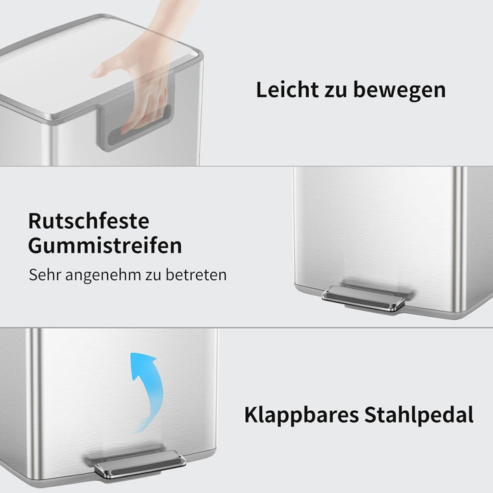 mVm Mülleimer Küche,40 Liter Treteimer,Mülltrennsystem, Abfalleimer Küche mit Inneneimer aus Kunstst