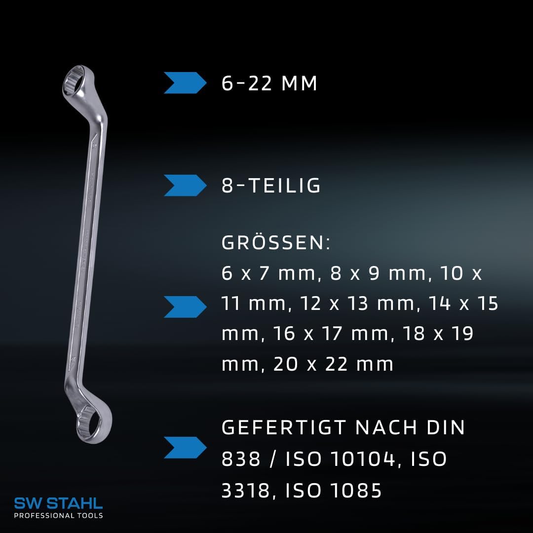 SW-Stahl 00180L Doppelringschlüssel-Satz 6-22 mm, 8-teilig tief gekröpft I Ringschraubenschlüssel I