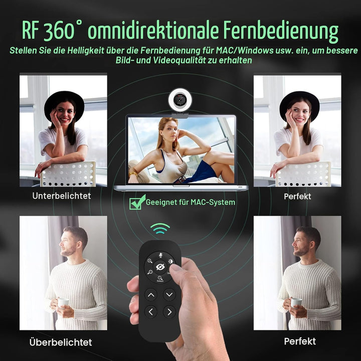 Angetube 60FPS 1080P Webcam mit Ringlicht - PC Kamera mit 5X Digitalzoom und Fernbedienung,Eingebaut