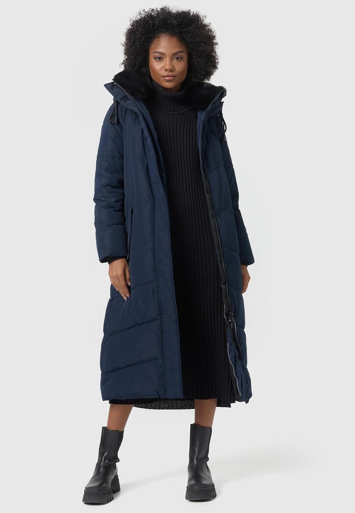Navahoo Damen Wintermantel Warmer Steppmantel extralang mit Abnehmbarer Kapuze Hingucker XIV XS-XXL