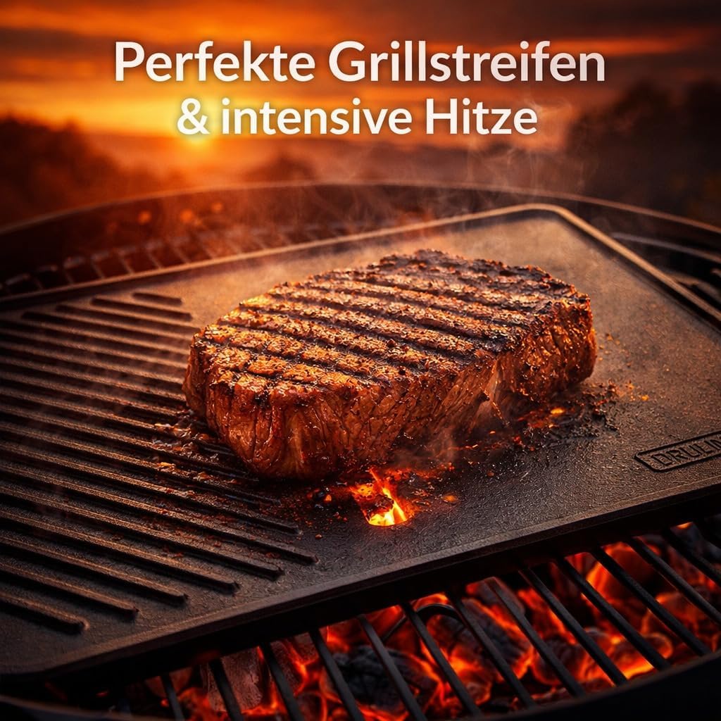 DRULINE- Grillplatte aus Gusseisen, geriffelt & glatt, Emaille-Beschichtung, beidseitig verwendbar,