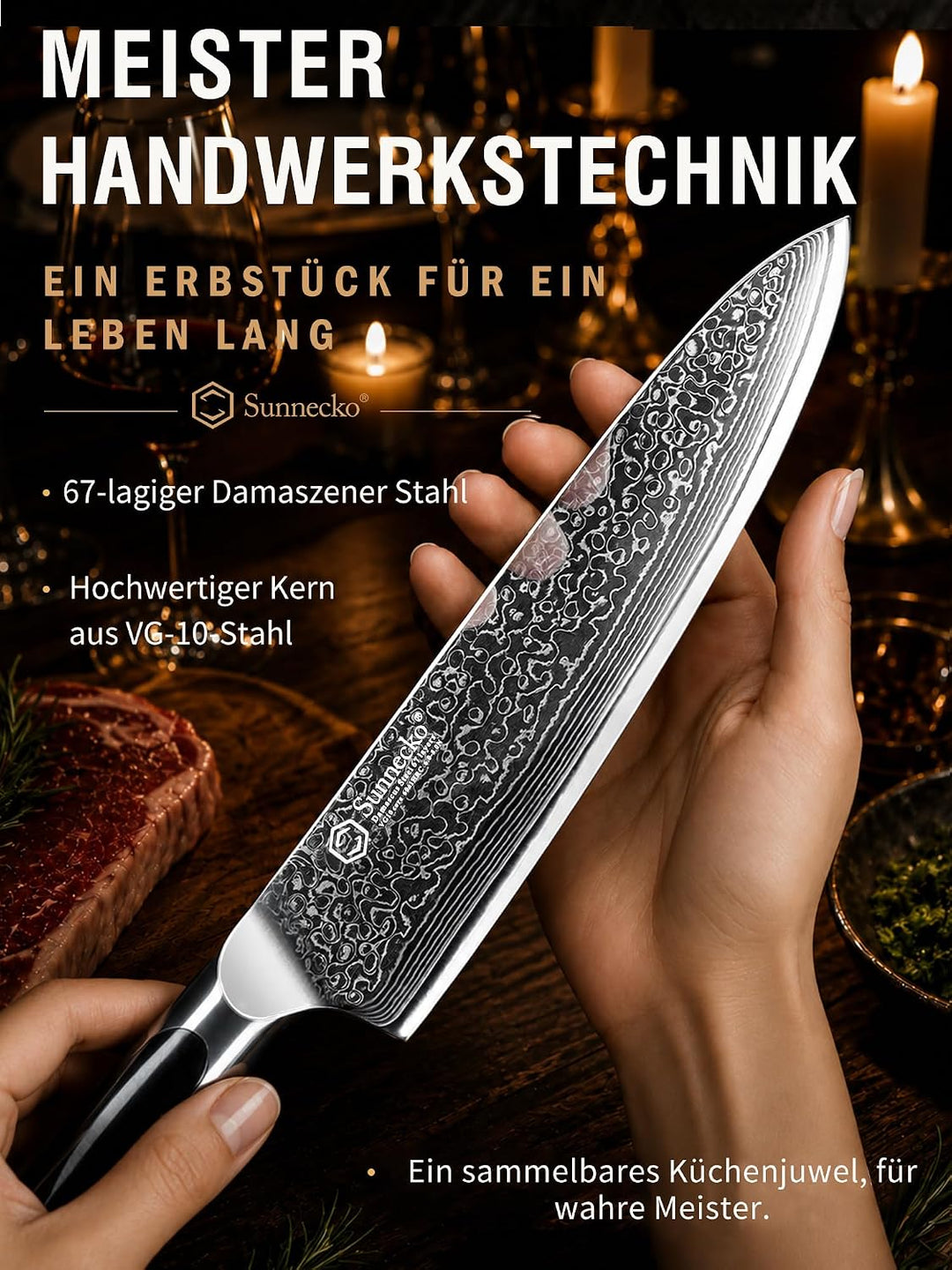 Sunnecko Damastmesser Kochmesser 20cm, damastmesser küchenmesser aus Japanischer VG10 Cored&amp;67-Schic