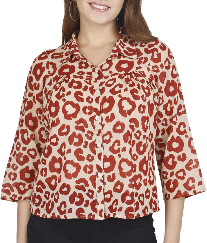 GURU SHOP Handbedruckte Bluse, Luftige Baumwollbluse, Damen, Baumwolle 36 Beige/ Rot, 36 Beige/ Rot